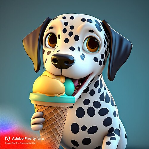 Firefly hyper realistic detailed 3d cartoon style character design of happy dalmatian eating ice cre