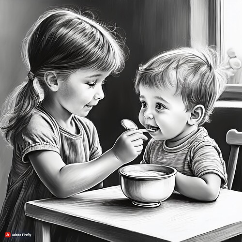 Firefly a little girl feeding a toddler boy with a spoon, realistic black and white pencil drawing 3