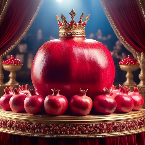 Firefly Create a royal coronation scene with a giant, crowned pomegranate on a throne, surrounded by (1)