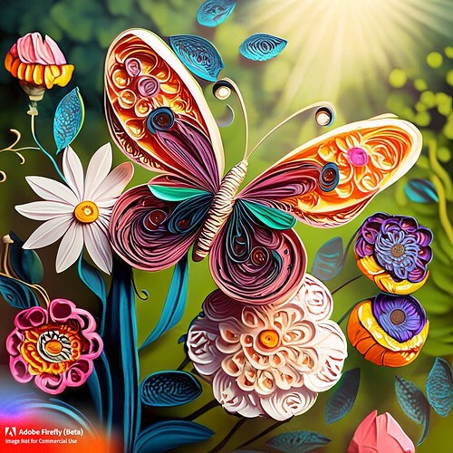 Firefly paper quilling a butterfly on a flower in the sunshine in a flower garden full of blossoming