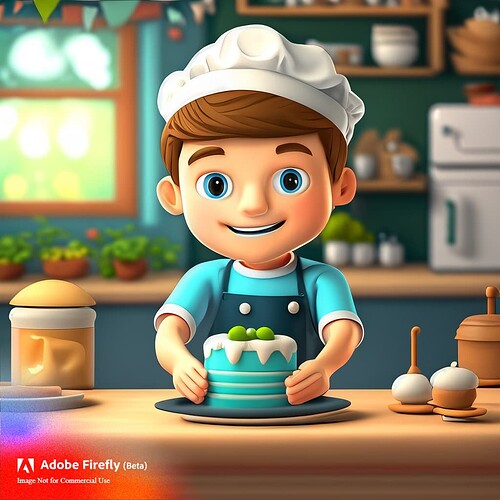 Firefly 3D cartoon style character design of a child baking a cake in the kitchen with the kitchen b