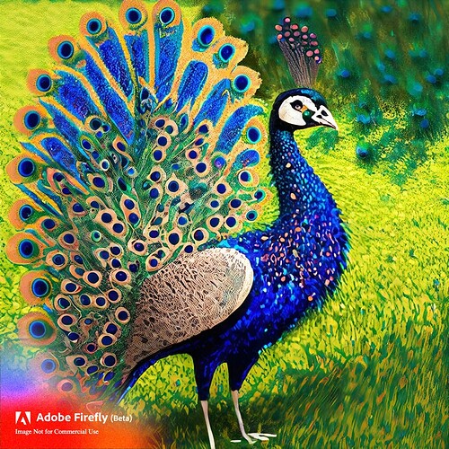 Firefly pointillism of a peacock on the grass with open feathers 33137