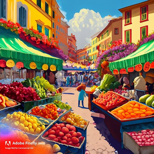 Firefly Italian Italian vibrant market place with colorful roofs, flowers and fresh fruits and veget