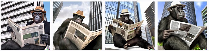 Anthropologic Gorilla, wearing a suit, peddlers cap, glasses, leaning over, reading a newspaper, office building in the background