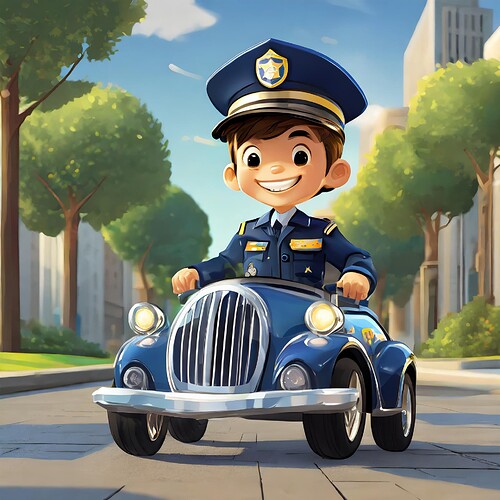 Firefly unreal engine 5 cartoon character, a child riding a police car toy down a sidewalk outdoors