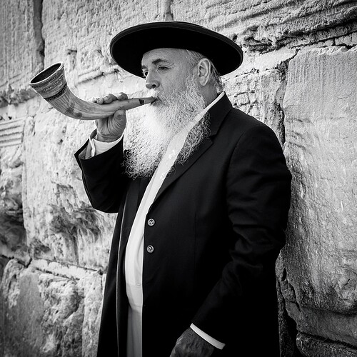 Firefly black and white Vintage photography of jewish old man with tallis blowing shofar at the west