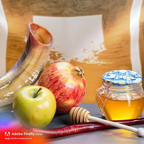 Firefly rosh hashanah shofar, apple and a jar of honey on a table in a synogogue 91407