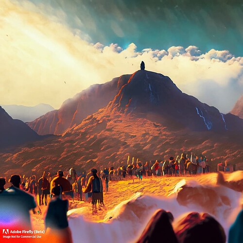 Firefly mountain in the desert surrounded by a crowd of people lighting and clouds tablets at the