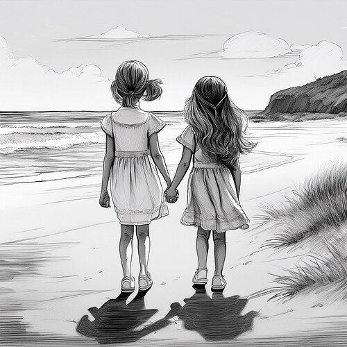 Firefly beach scene with two little girls holding hands, facing back by beach, back and white pencil