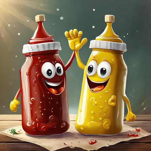 Firefly realistic, anthropomorphic figure based on a ketchup, ketchup is high-fiving with a anthropo