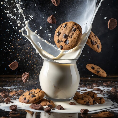 Firefly food photography in motion of a chocolate chip cookie and milk, close-up 20543