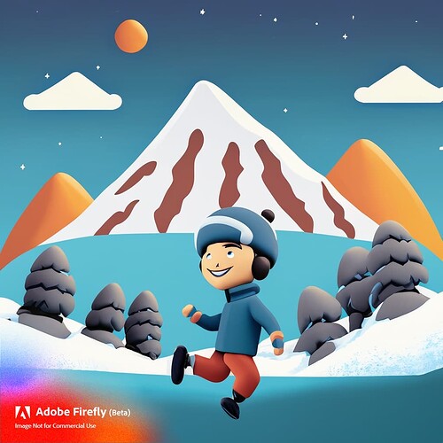 Firefly 3D cartoon style character design of snow mountains and people skying 892