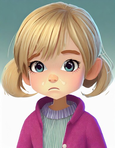 Firefly cartoon of little blond-haired, 3-year-old girl crying with tears in her eyes, and frowning, (1)