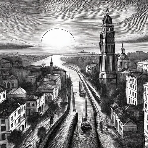 Firefly Sunset over the city –sref 306744668 black and white pencil sketch 56874