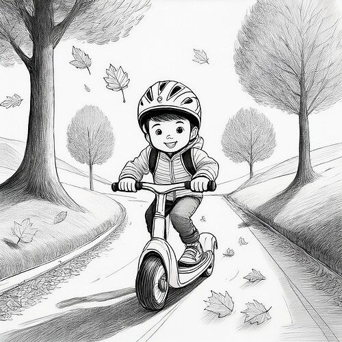 Firefly pencil sketch, little boy beautiful adorable mischevious face, with helmet, riding his elect (1)