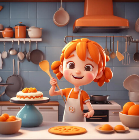 nightcafe unreal engine 5 cartoon cute little orange haired girl baking a cake, kitchen background.PNG