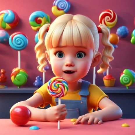 nightcafe unreal engine 5 cartoon cute little blond haired girl eating a big colorful lollipop.PNG
