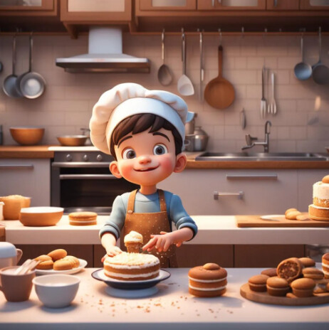 nightcafe unreal engine 5 cute little boy baking a cake, kitchen background.PNG